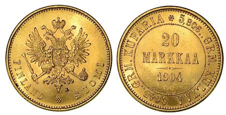FINLANDIA. Occupazione russa. Nicholas II, 1894-1917., 20 Markkaa 1904.