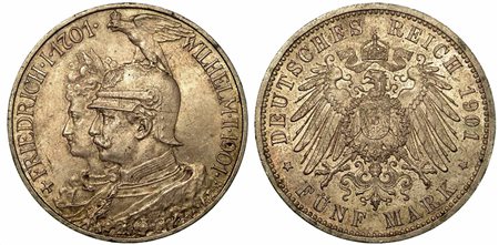 GERMANIA - PRUSSIA. Wilhelm II, 1888-1918., 5 Mark 1901 (200° anniversario della Prussia).