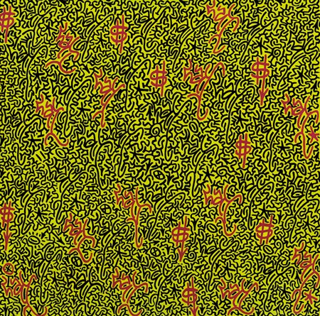 LITTLE ANGEL (LA2) New York 1967 Fluorescent yellow and red tags, 2005 olio e...