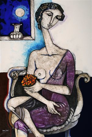 BRUNO LANDI Roma 23/03/1941 Attesa, 2000 olio su tela cm. 150x100, firma in...