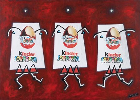 ANTOH Napoli 1960 Kinderdanze, red, 2011 acrilico e stampe su tela cm. 57x80,...
