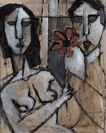 BRUNO LANDI Roma 23/03/1941 Figure, 1971 olio su cartone cm. 50x40, firma e...