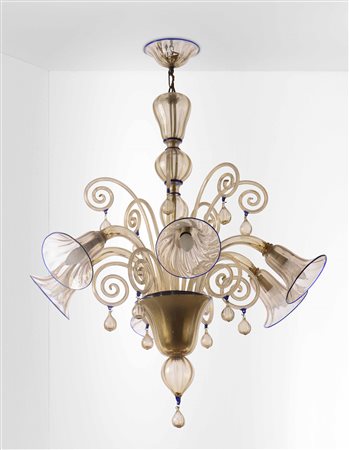 Lampada a sospensione con struttura in metallo e vetro di Murano., 