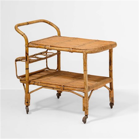 Carrello con portabottiglie. Struttura in bambù e vimini., 