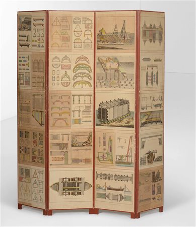 Paravento in legno con decori serigrafati., 