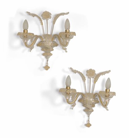 Coppia di lampada da parete in vetro di Murano a foglia oro e particolari in ottone., 