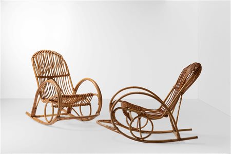 Coppia di poltrone a dondolo con struttura in bambù e vimini., 
