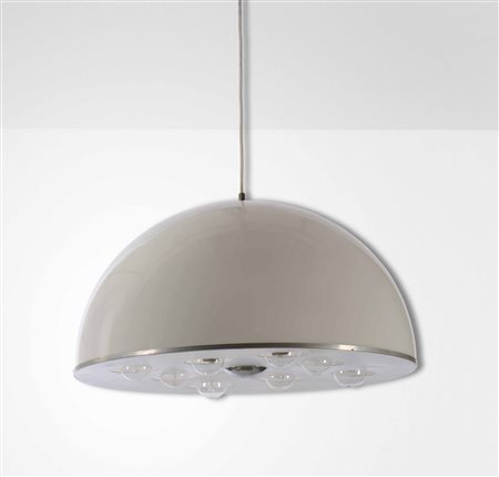 Lampada a sospensione con diffusore in metallo cromato e perspex., 