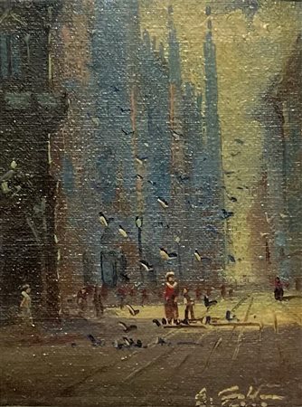 ANONIMO Anonimo (An) Piazza del duomo Olio su tavoletta 9,00x6,50 Firma in...