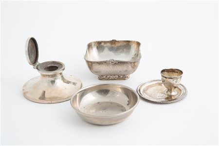 Two bowls, an egg cup and an inkwell in silver