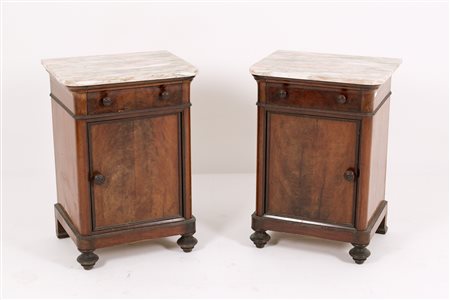 Two bedside tables in wood and marble. 19th c