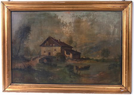 Oil painting on canvas 'HOUSE BY THE RIVER'. 1930-40s