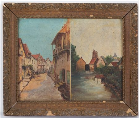 Oil painting on board 'VILLAGES'. Early 20th c