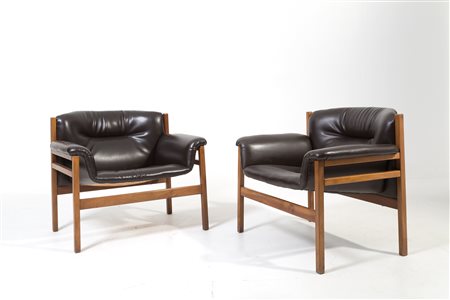 TITO AGNOLI. Two black wooden armchairs. 1960s