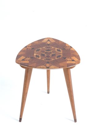 Embellished triangular stool in wood. 1950s