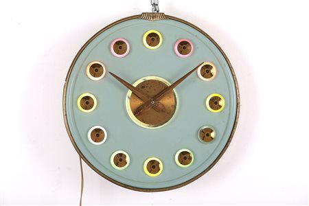 Aluminium, brass, wooden and glass clock. 20th c