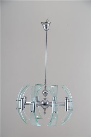 Chrome-plated metal and glass chandelier