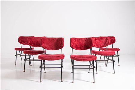 Six Italian chairs in red velvet and iron. 1950s