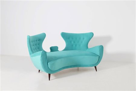 Wooden and velvet sofa. Italy. 1950s