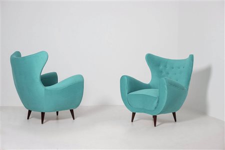 Two wooden and velvet armchairs. Italy. 1950s