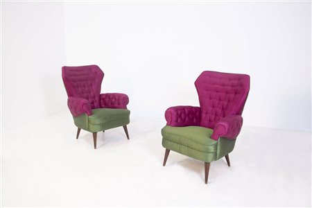 Italian armchairs in purple and green silk. 1950s