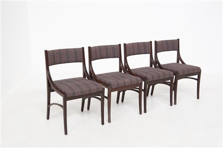 Four wooden and fabric chairs. Italy. 1970s