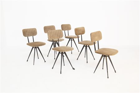 Six iron and fabric chairs. Italy. 1950s