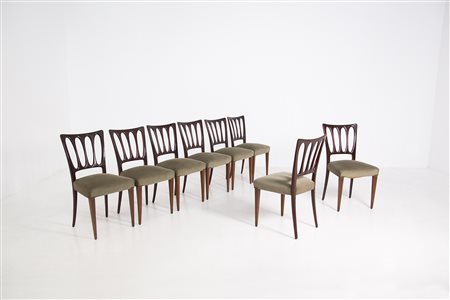 Eight wooden and velvet chairs. Italy. 1950s