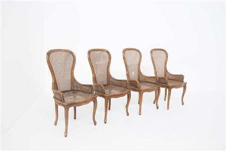 Four wooden and rattan chairs. GIORGETTI. 1970s