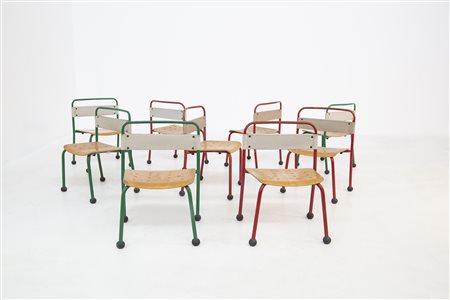 Nine wooden chairs for children. France