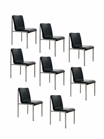 Eight steel and leather chairs. 1970s