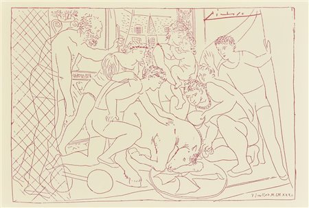 Pablo Picasso CAVALLO CHE MUORE litografia su carta (d'apres), cm 33,4x47,4...