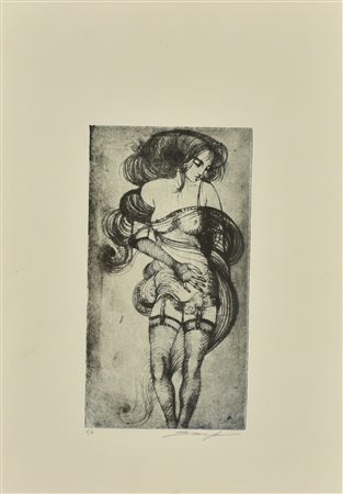 Ignoto FIGURA FEMMINILE acquaforte su carta, cm 29x15,5, su foglio cm 50x35;...