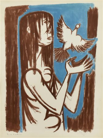 Giuseppe Migneco FIGURA FEMMINILE CON COLOMBA serigrafia su carta, cm 64x48;...