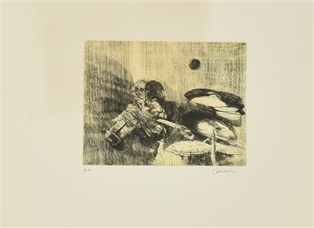 Giancarlo Cazzaniga JAZZ MANN Acquaforte con fondino, mm 198x250, su foglio...