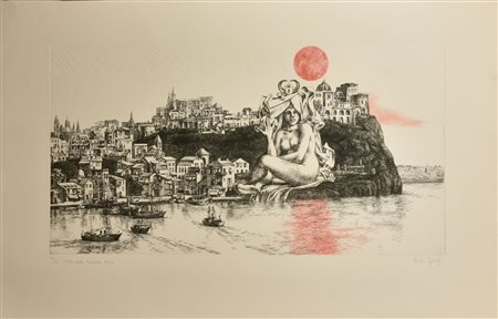 Rudi Gorog ISOLA DELLE LUCERTOLE D'ORO incisione su carta, battuta cm 35,5x...