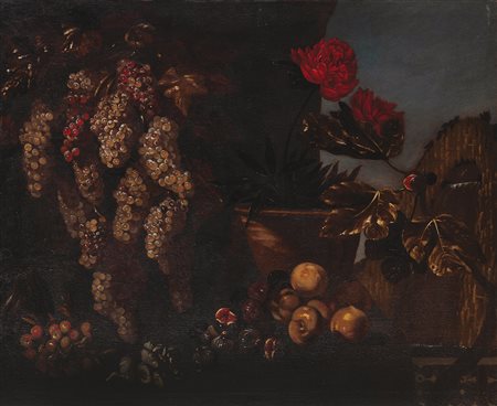Still life with grapes, peaches, figs, and carnations