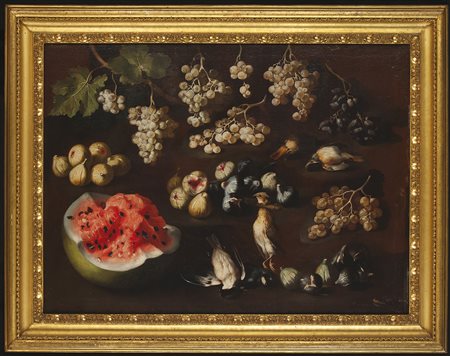 Still life with fruits and birds