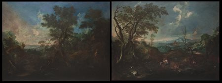 Pair of landscapes with travellers