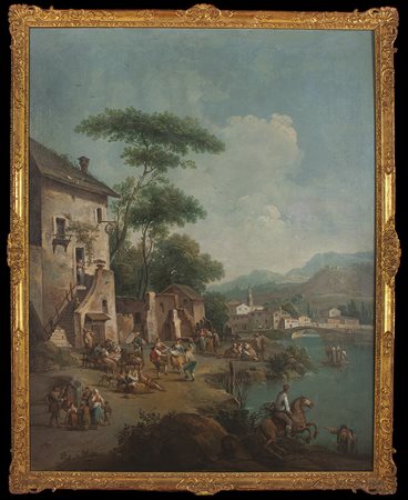 River landscape with folk scene