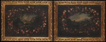 Pair of landscapes with crown of flowers