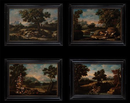 Four landscapes with still lives