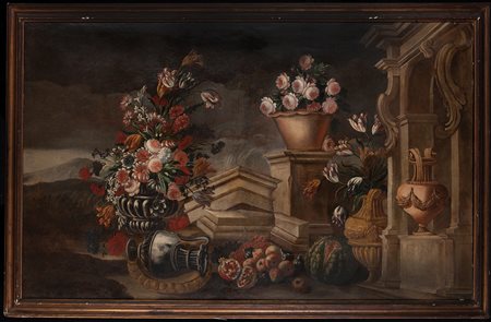 Still life with flowers and architecture