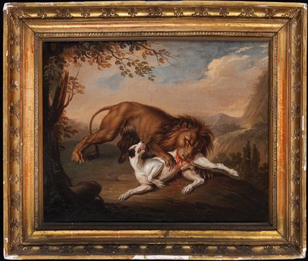 Lion biting dog