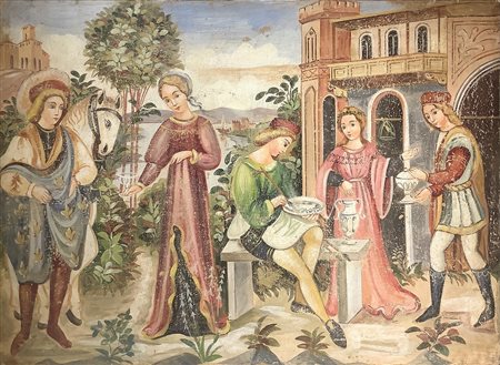 Scena medievale con personaggi decoratori di maiolica e paesaggio fluviale sullo sfondo