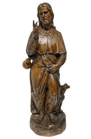 Statua lignea raffigurante San Rocco con il cane.