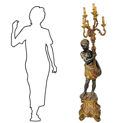 Grande candeliere da terra in legno raffigurante moro. Candeliere a 6 luci.