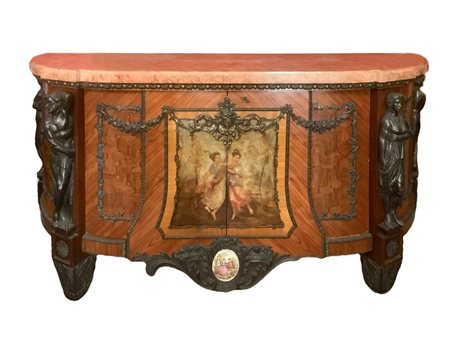 Servante con piano in marmo e dipinto con scene bucoliche e base ovale in porcellana con miniature