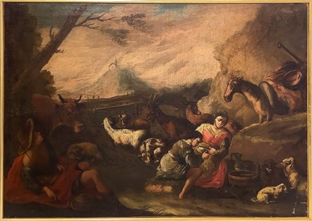 Scena agreste con personaggi e armenti