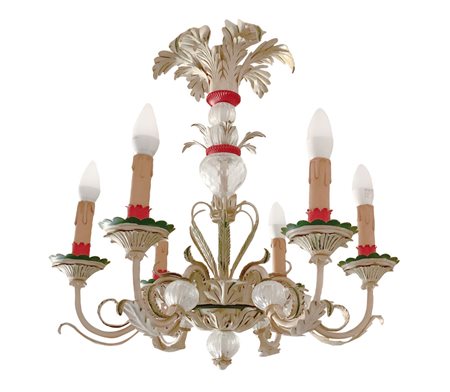 Lampadario in metallo laccato policromo e vetri sferici. A sei luci.